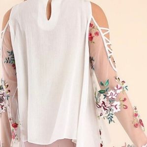Umgee Fairycore Bell Sleeve Top Size S White Embroidered Mesh Creped High Neck